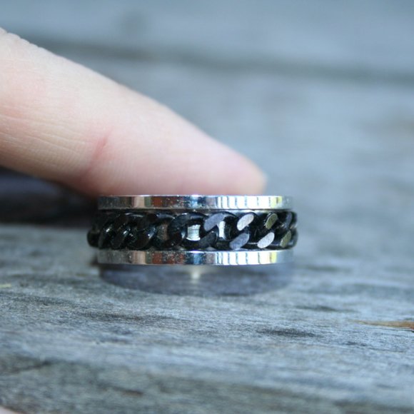 MENS SPINNER RING ★ BLACK CHAIN STAINLESS STEEL BIKER ROCKER MOTORCYCLE - Picture 10 of 11